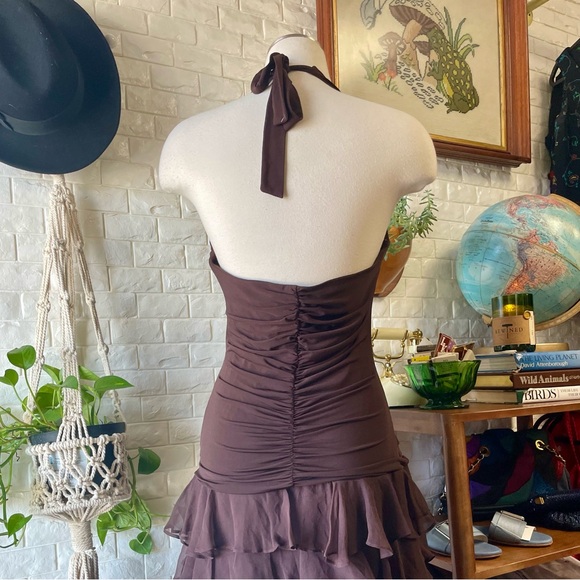 VTG Y2K BCBG MAXAZRIA Brown Ruched Halter Chiffon Ribbon Asymmetrical Dress - Picture 9 of 16